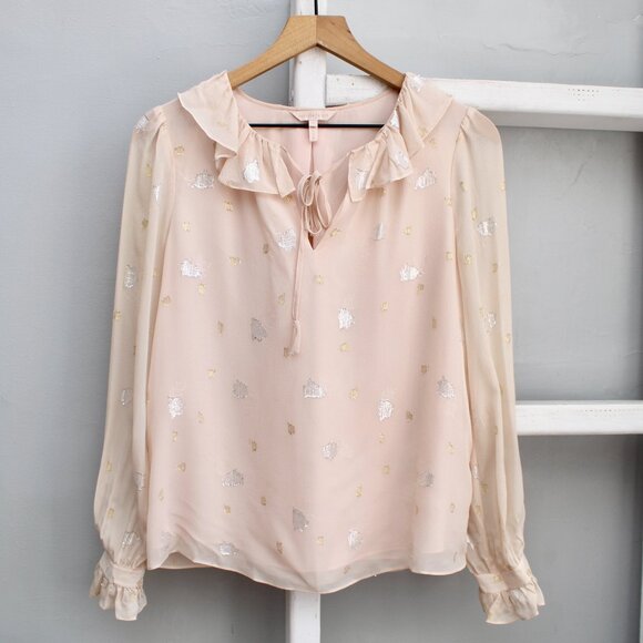 Rebecca Taylor Silk Floral Scattered Tulip Clip Ruffle Metallic Peasant Top sz 2 - Picture 1 of 7